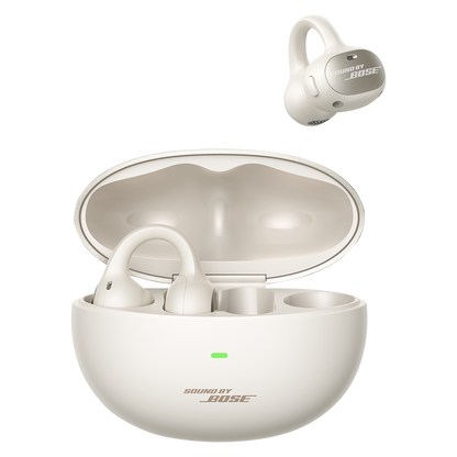 Bose wireless earbuds with charging case on a white background