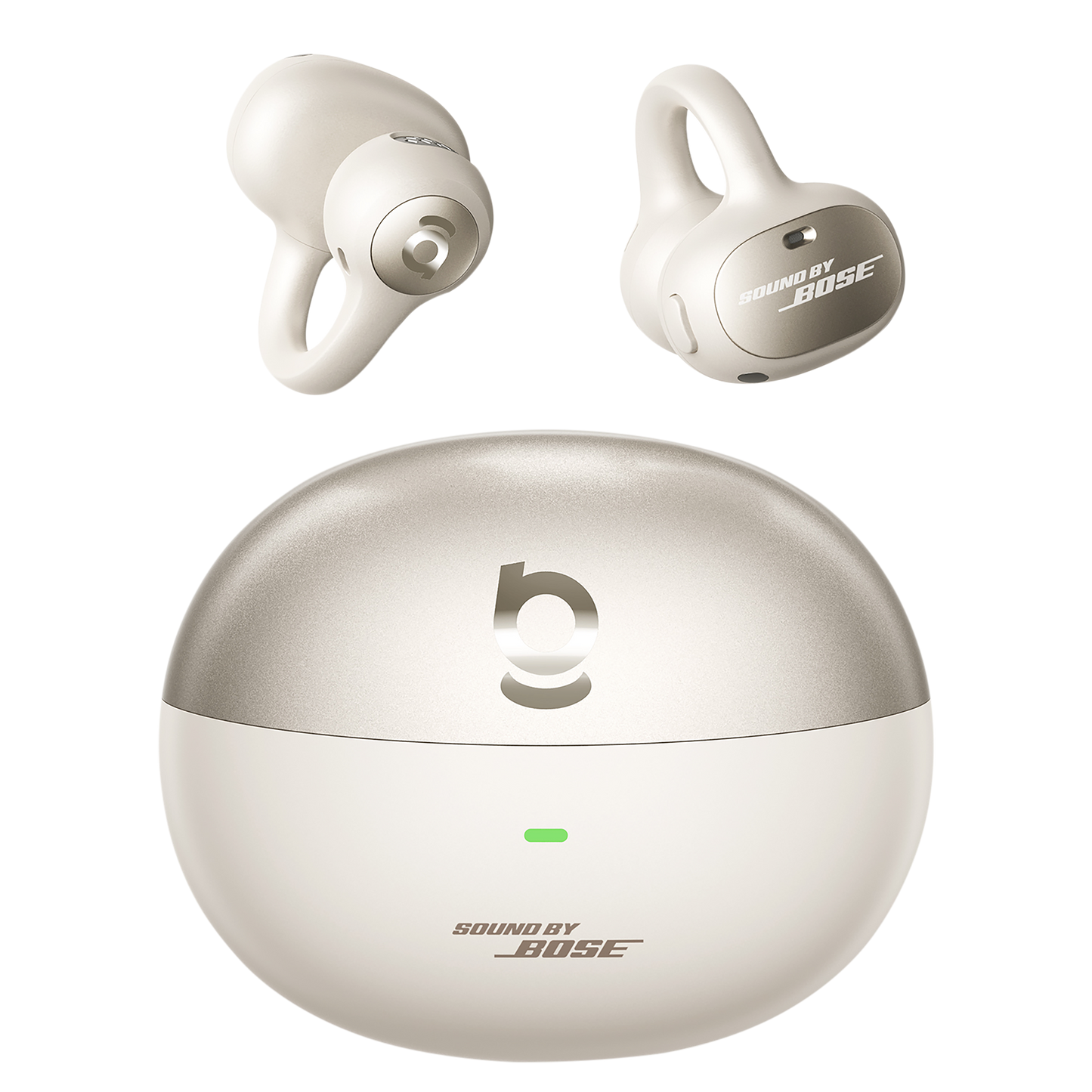 Bose wireless earbuds with charging case on a white background