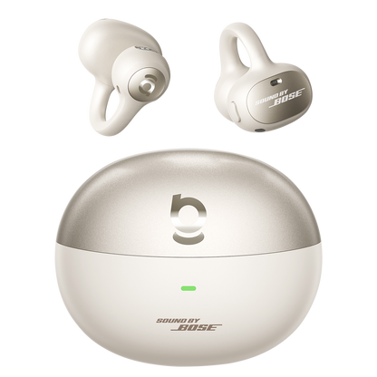 Bose wireless earbuds with charging case on a white background