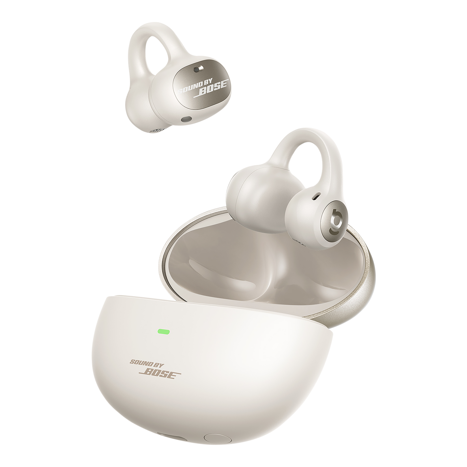 Bose wireless earbuds with charging case on a white background