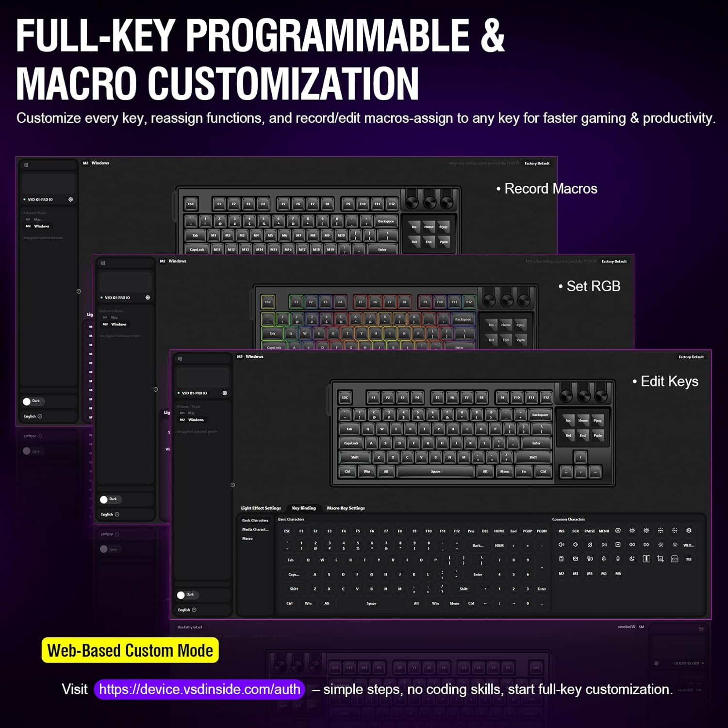 Keyboard customization software interface with various customization options on a dark background.