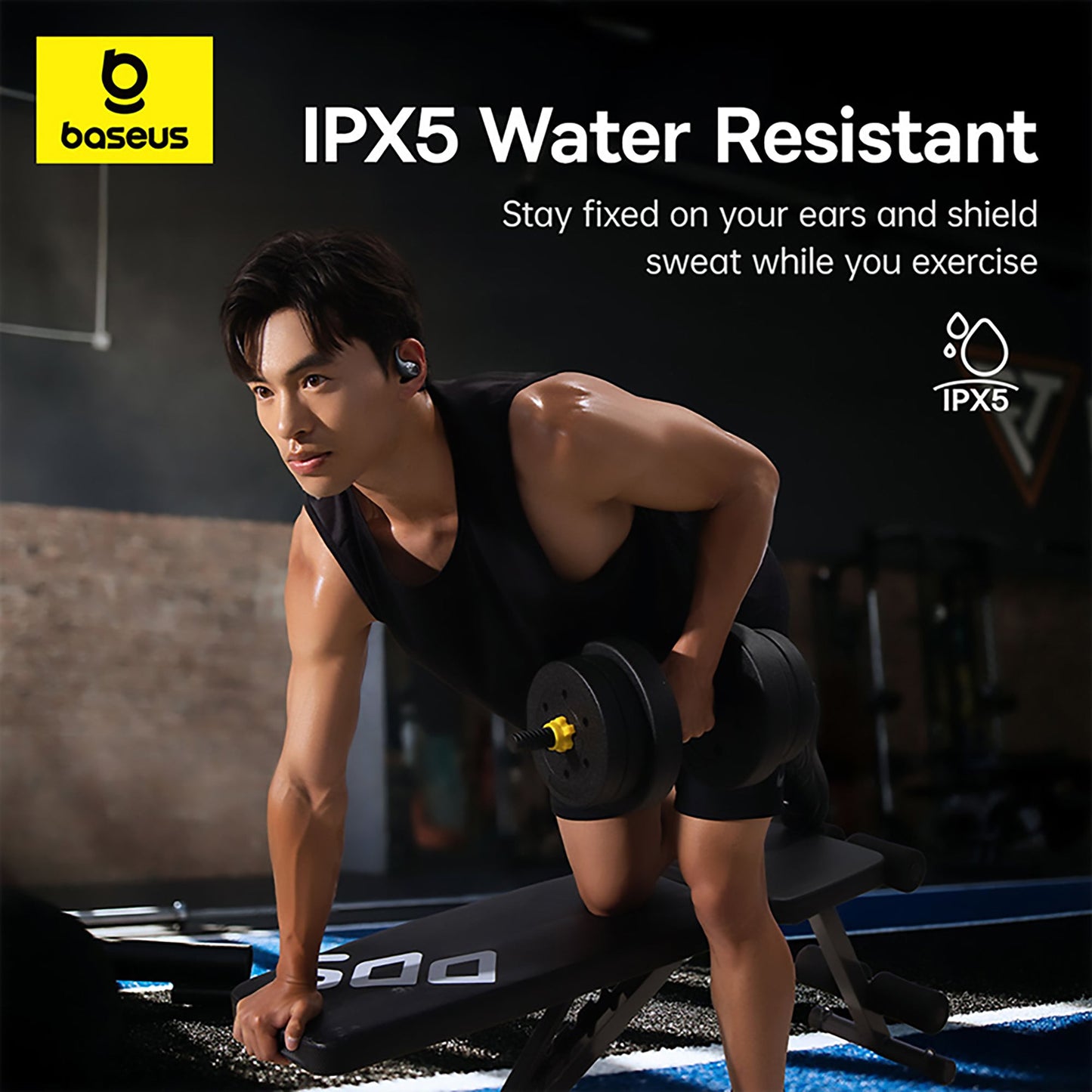 Person exercising with earbuds, featuring Baseus branding and IPX5 water resistance text.