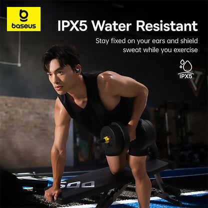 Person exercising with earbuds, featuring Baseus branding and IPX5 water resistance text.