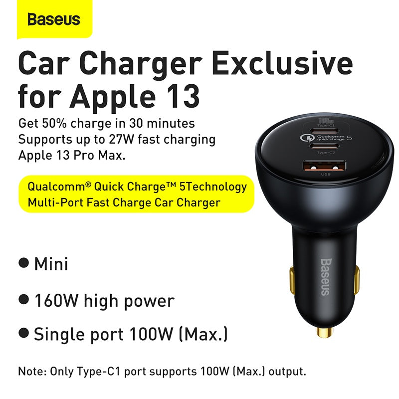 Baseus car charger for Apple 13 with specifications on a white background