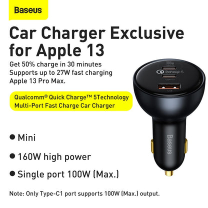 Baseus car charger for Apple 13 with specifications on a white background