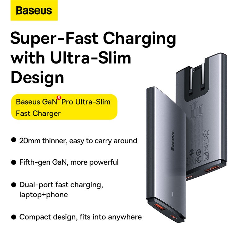 Baseus 65W GaN5 Fast Charger | USB-C + USB-A with Cable
