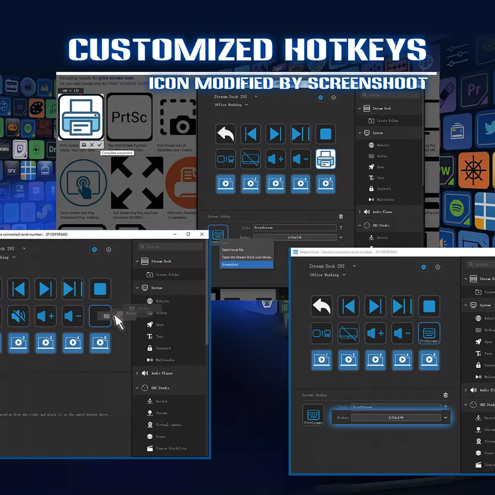 Collage of computer icons with customized hotkeys on a dark blue background