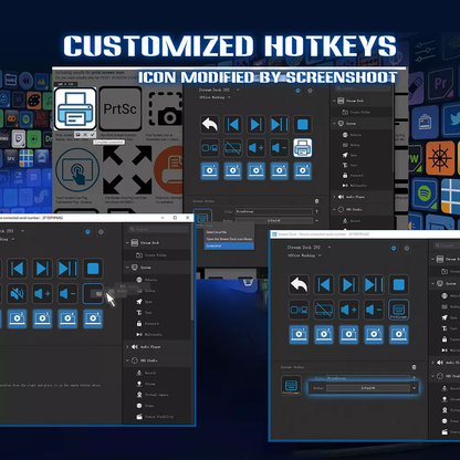 Collage of computer icons with customized hotkeys on a dark blue background