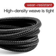 Coiled black rope with 'wear-resistant' and 'High-density weave is tight' text on a white background