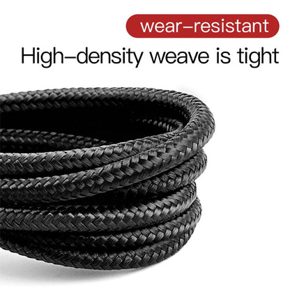 Coiled black rope with 'wear-resistant' and 'High-density weave is tight' text on a white background