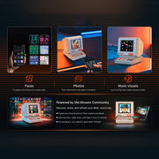 Divoom MiniToo Retro Pixel Bluetooth Speaker (1.77" Screen, 5W, App Control) Promotional image of a digital device with features for faces, photos, and music visuals, set against a dark background.