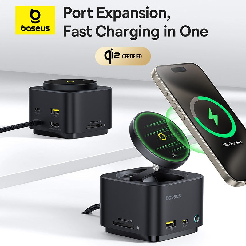 Baseus charging station with multiple ports and a smartphone, featuring port expansion and fast charging capabilities.
