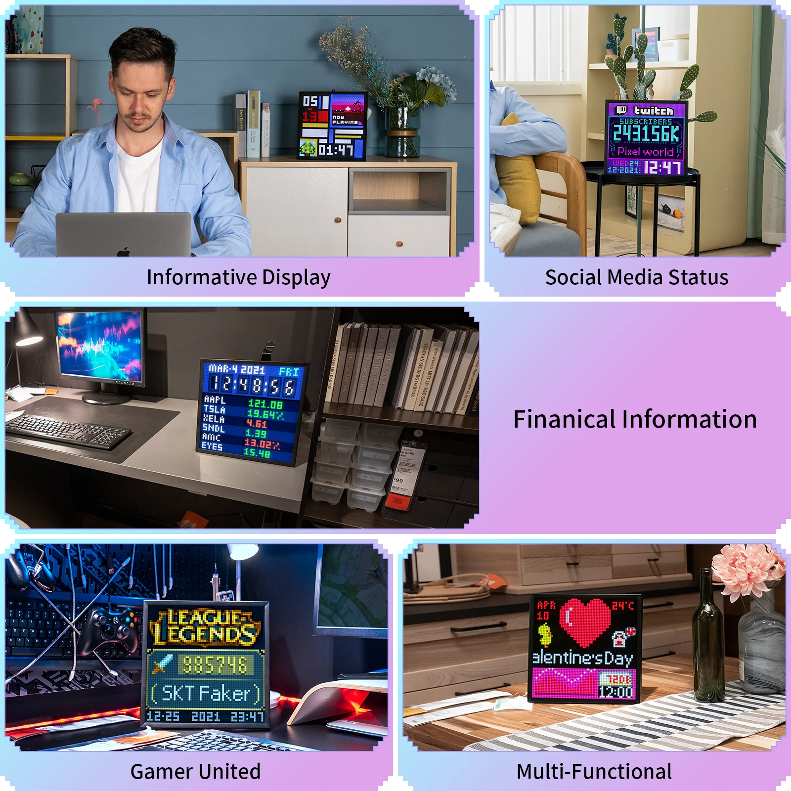 Divoom Pixoo 16×16 RGB Pixel LED Display (Smart App, Desktop & Wall Mount) Collage of a digital display in various settings with text labels.