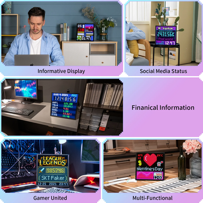 Divoom Pixoo 16×16 RGB Pixel LED Display (Smart App, Desktop & Wall Mount) Collage of a digital display in various settings with text labels.