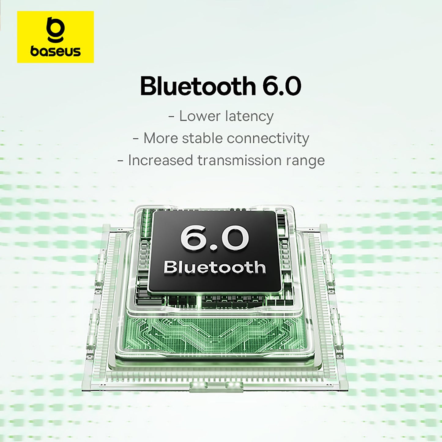 Bluetooth 6.0 chip with Baseus logo on a light green background