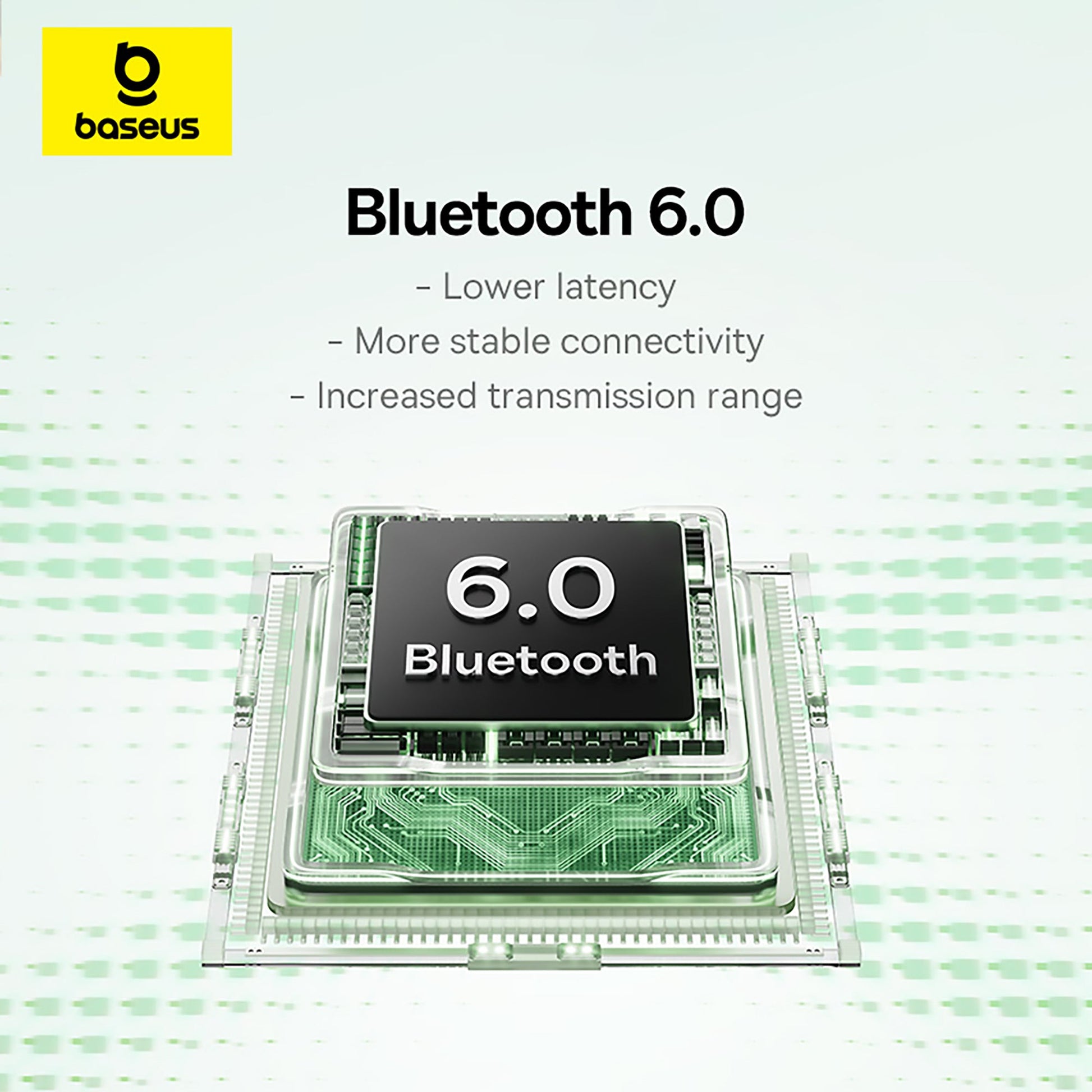 Bluetooth 6.0 chip with Baseus logo on a light green background