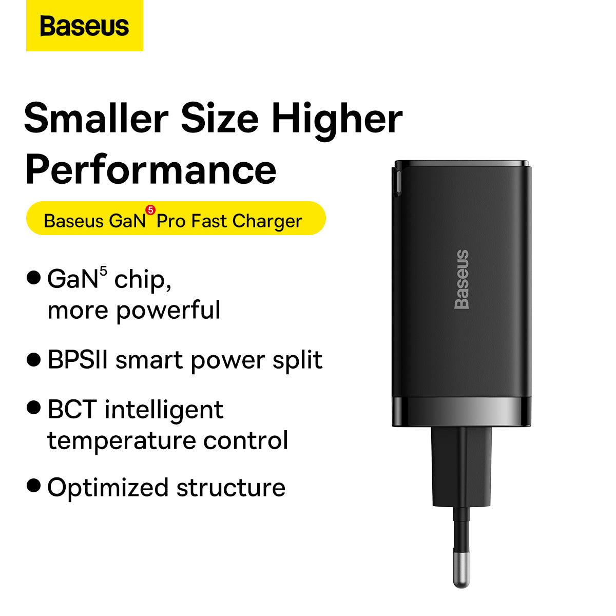 Baseus GaN Pro Fast Charger with features listed on a white background