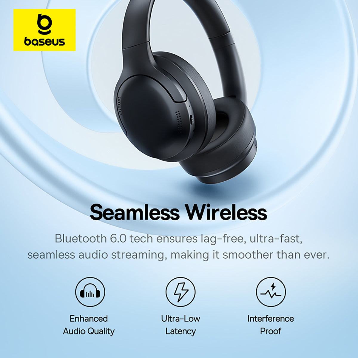 Black headphones with Baseus logo on a light blue background