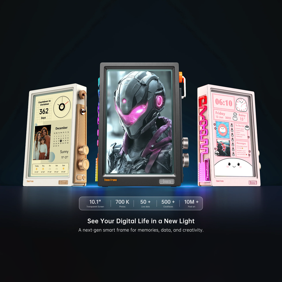 Three smart frames with different designs on a dark background