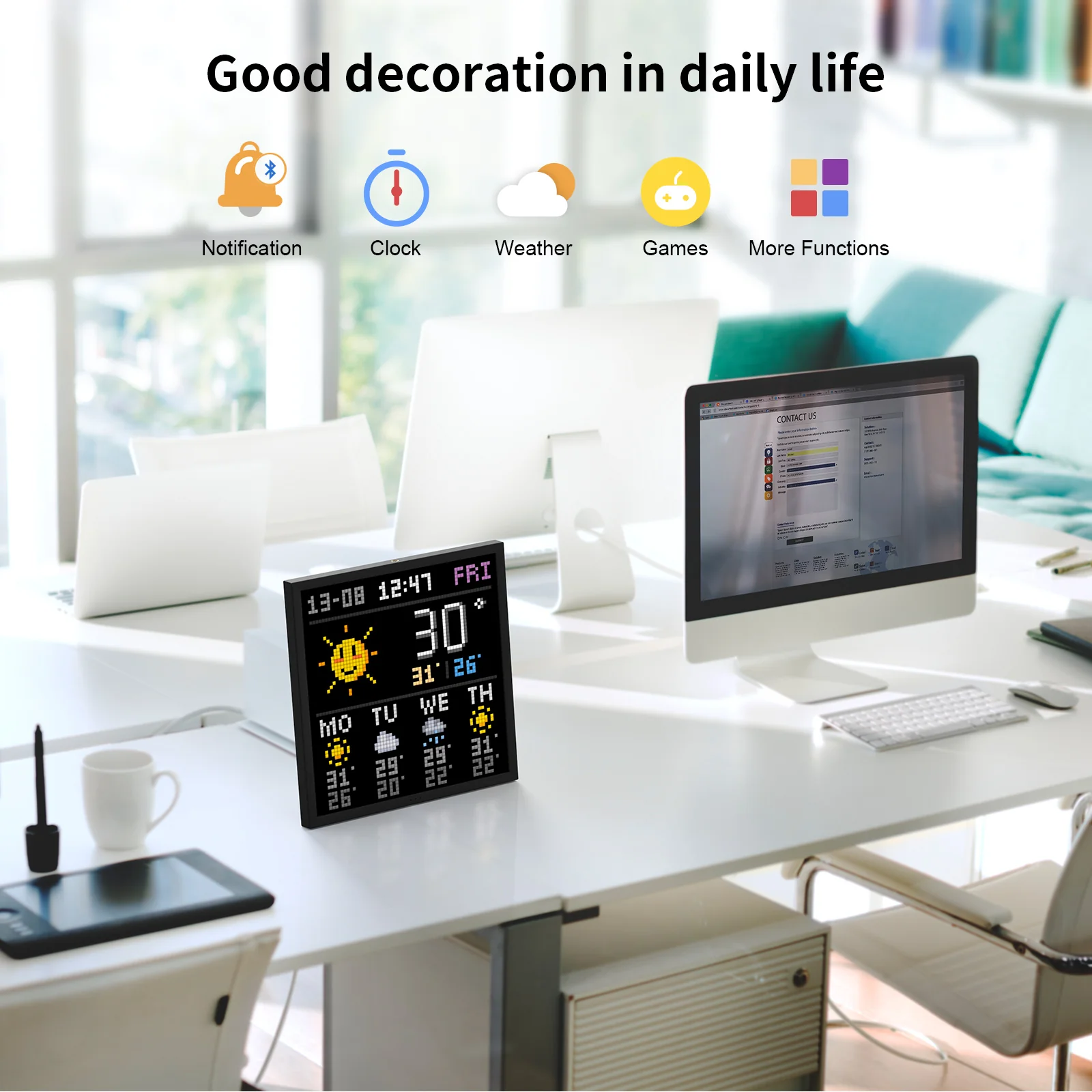 Divoom Pixoo 16×16 RGB Pixel LED Display (Smart App, Desktop & Wall Mount) Digital clock on a desk with various functions displayed above it