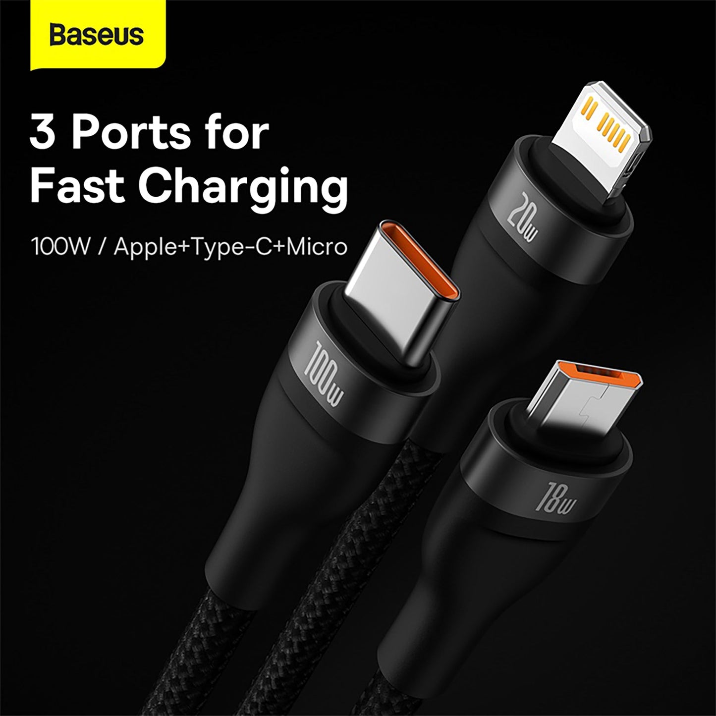 Baseus Flash Series Ⅱ 100W Two-for-three Charging Cable U+C to M+L+C
