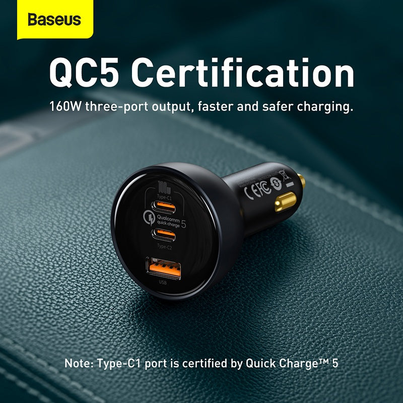 Baseus car charger with QC5 certification on a dark background