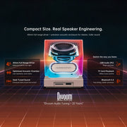 Divoom MiniToo Retro Pixel Bluetooth Speaker (1.77" Screen, 5W, App Control) Divoom audio device with technical specifications on a dark background