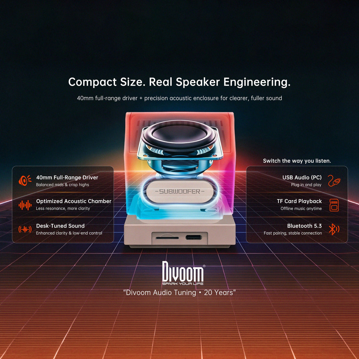 Divoom MiniToo Retro Pixel Bluetooth Speaker (1.77" Screen, 5W, App Control) Divoom audio device with technical specifications on a dark background