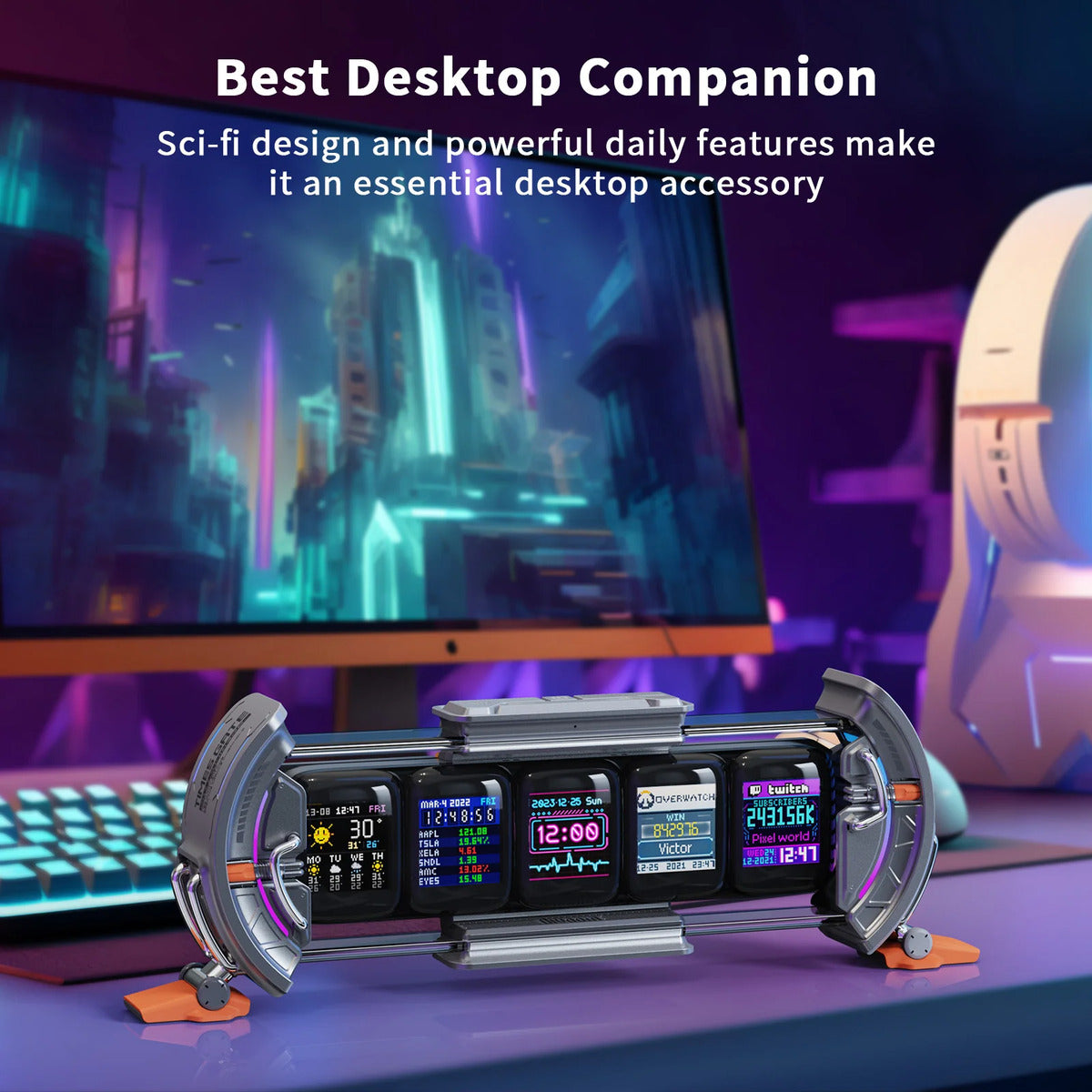 Divoom Times Gate 5‑Screen Smart Pixel Display (Wi‑Fi, RGB, Live Data Tracker) Futuristic desk clock with sci-fi design in front of a computer monitor displaying a cityscape.