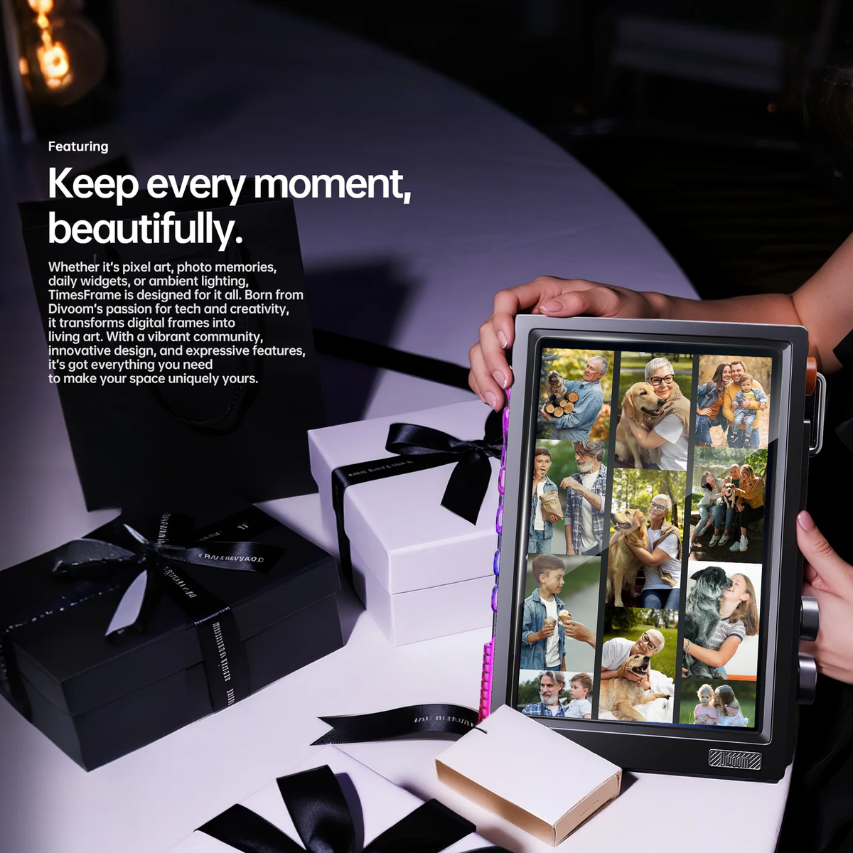 Digital photo frame with multiple images displayed, placed on a table with decorative items.
