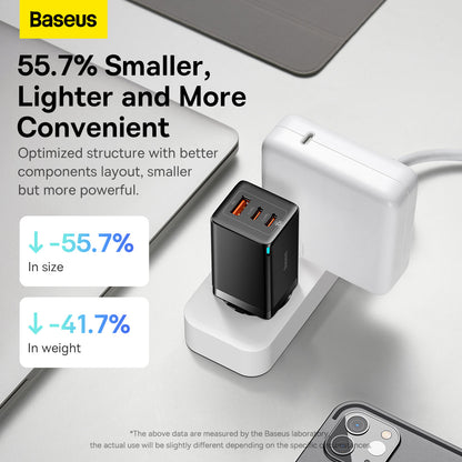 Baseus charger with text highlighting size and weight reduction, placed on a desk with a laptop and phone.