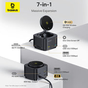 Baseus 7-in-1 device with multiple ports and features on a white background