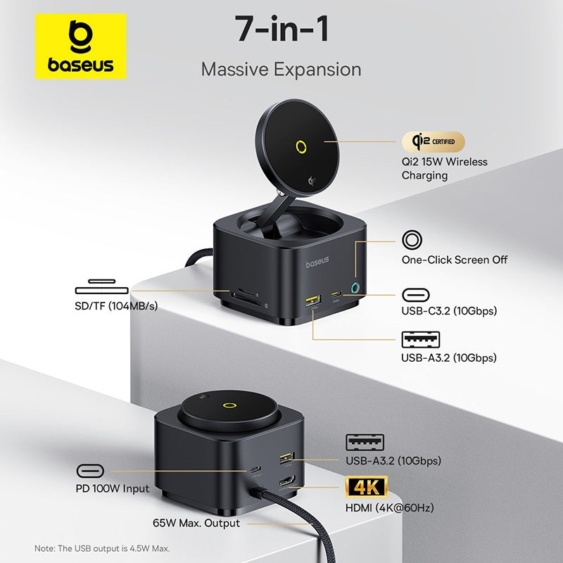 Baseus 7-in-1 device with multiple ports and features on a white background