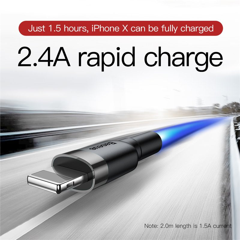Fast charging cable with text indicating rapid charge capability on a blurred background