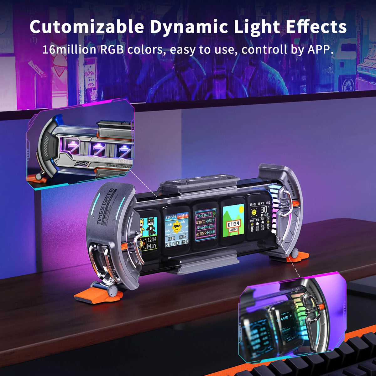 Futuristic desk lamp with customizable dynamic light effects on a desk.