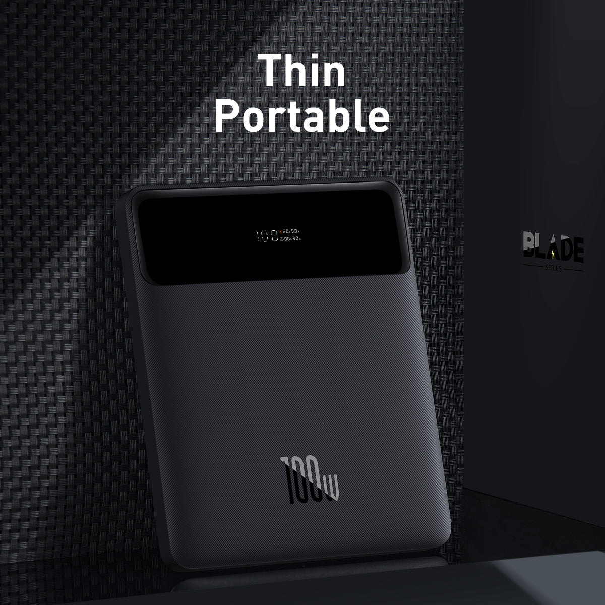 Baseus Blade Digital Display Quick Charge Power Bank 20000mAh 100W Thin portable power bank with '100W' marking on a textured black background