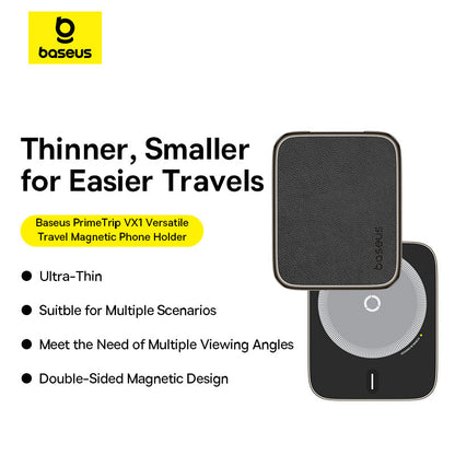 Baseus travel magnetic phone holder with features listed on a white background