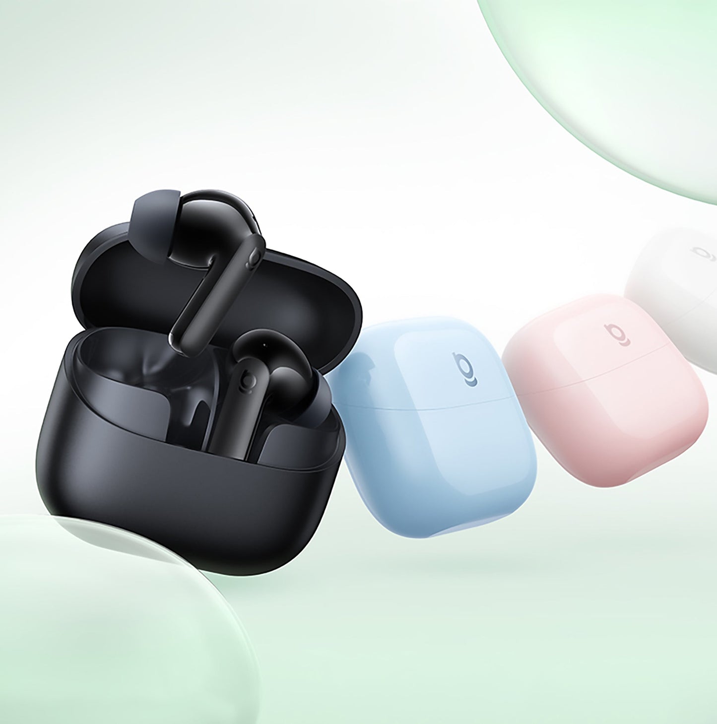 Black wireless earbuds in an open case with blue and pink earbuds on a light green background
