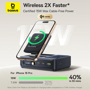 Baseus wireless charging device with smartphone on a white background