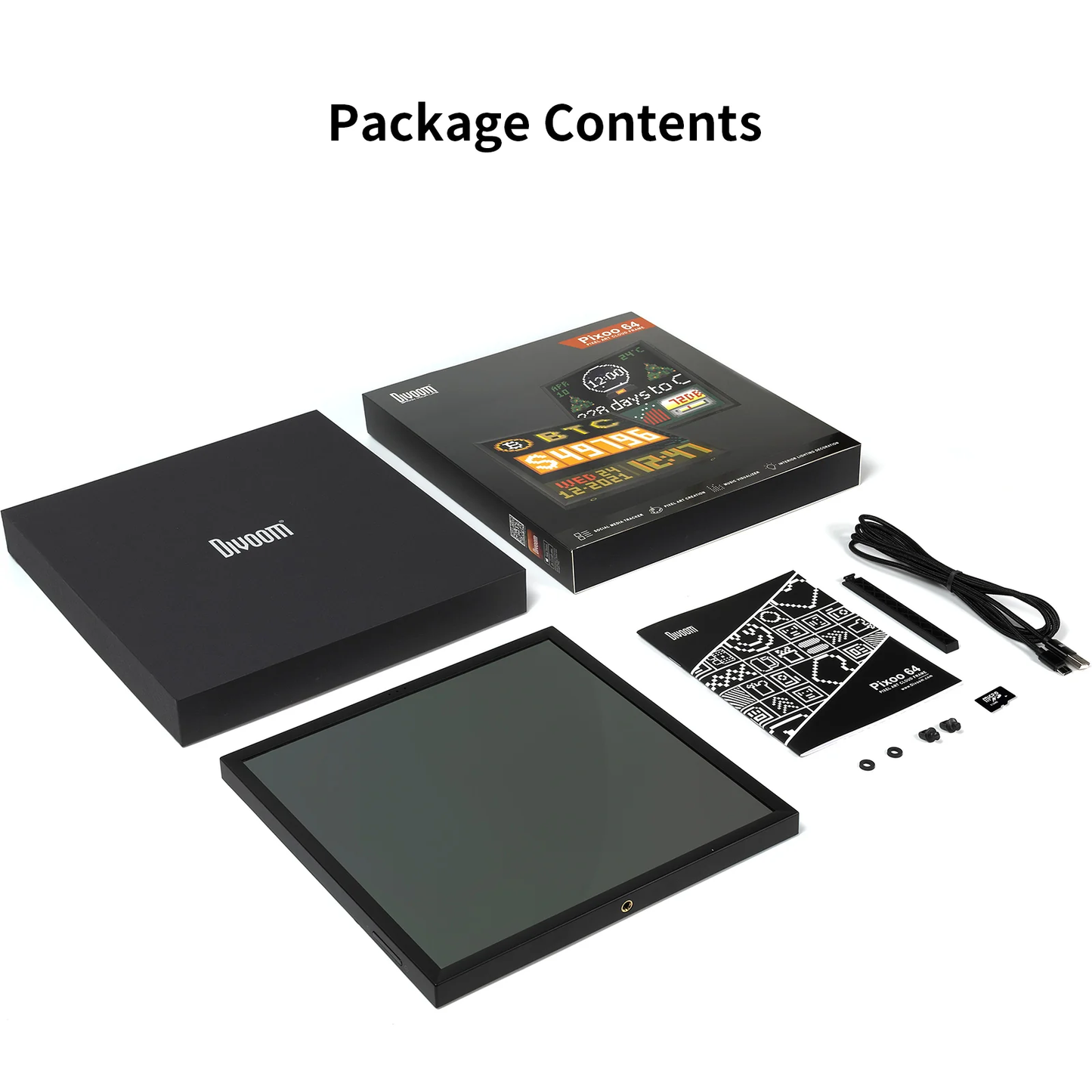 Divoom Pixoo 16×16 RGB Pixel LED Display (Smart App, Desktop & Wall Mount) Package contents including a black electronic board, a box, and various components on a white background.