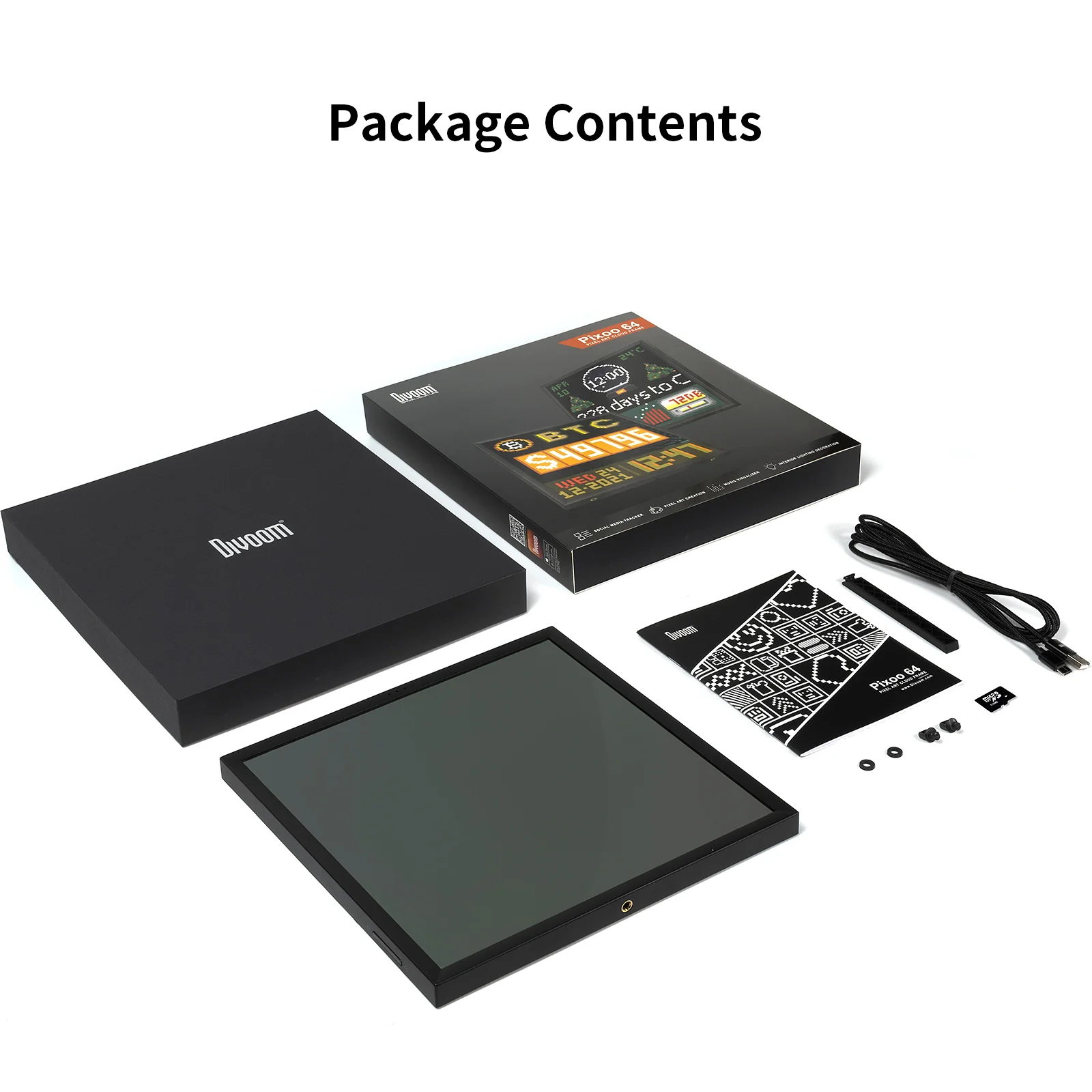 Divoom Pixoo 16×16 RGB Pixel LED Display (Smart App, Desktop & Wall Mount) Package contents including a black electronic board, a box, and various components on a white background.