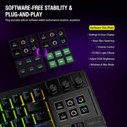 Gaming keyboard with RGB lighting on a dark background, highlighting software-free stability and plug-and-play features.