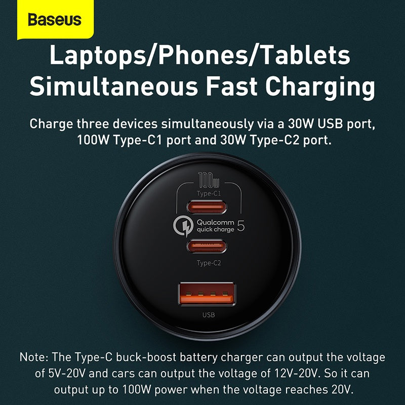 Baseus charger with multiple ports on a dark background