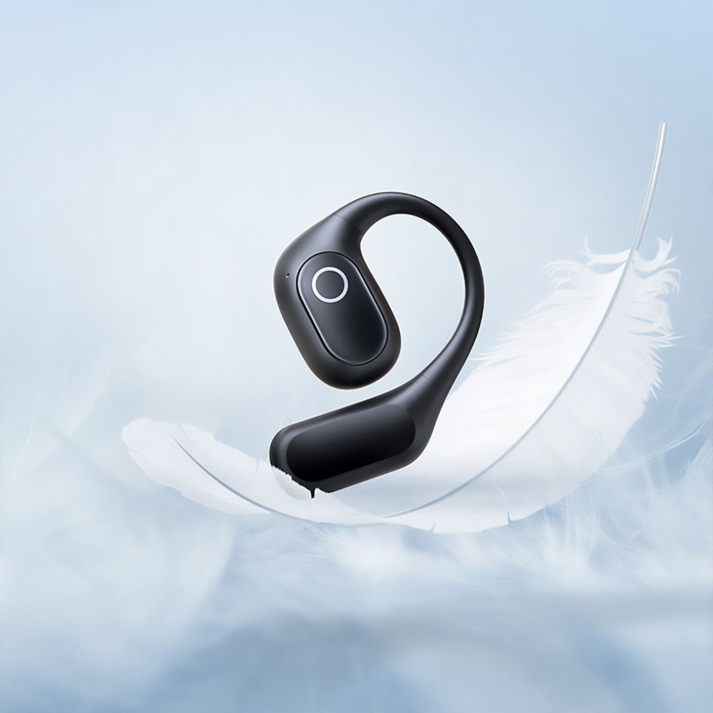 Black wireless earbud on a white feather against a light blue background