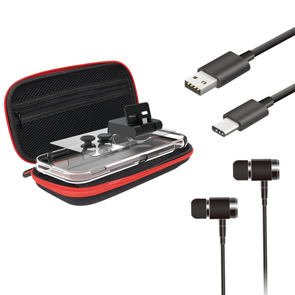 Red and black carrying case with electronic components on a white background