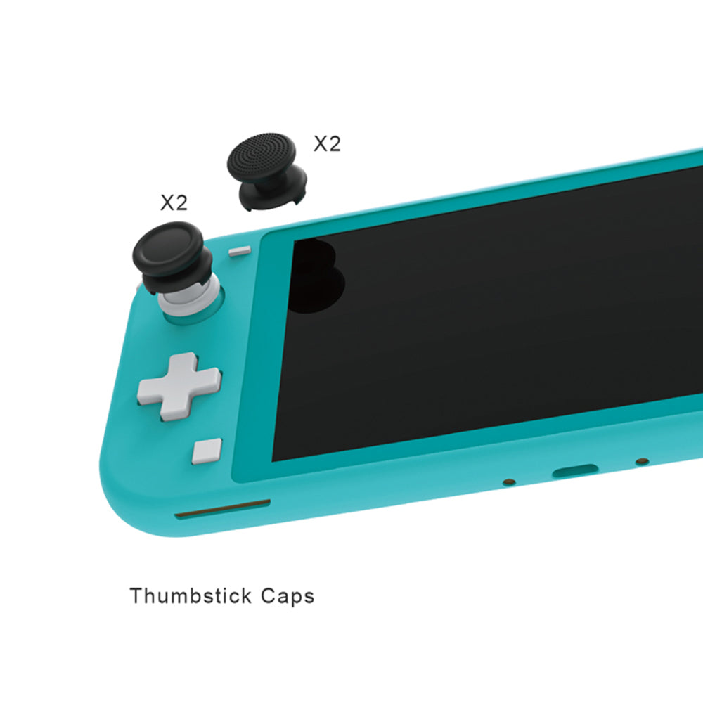 Turquoise gaming console with joystick caps on a white background