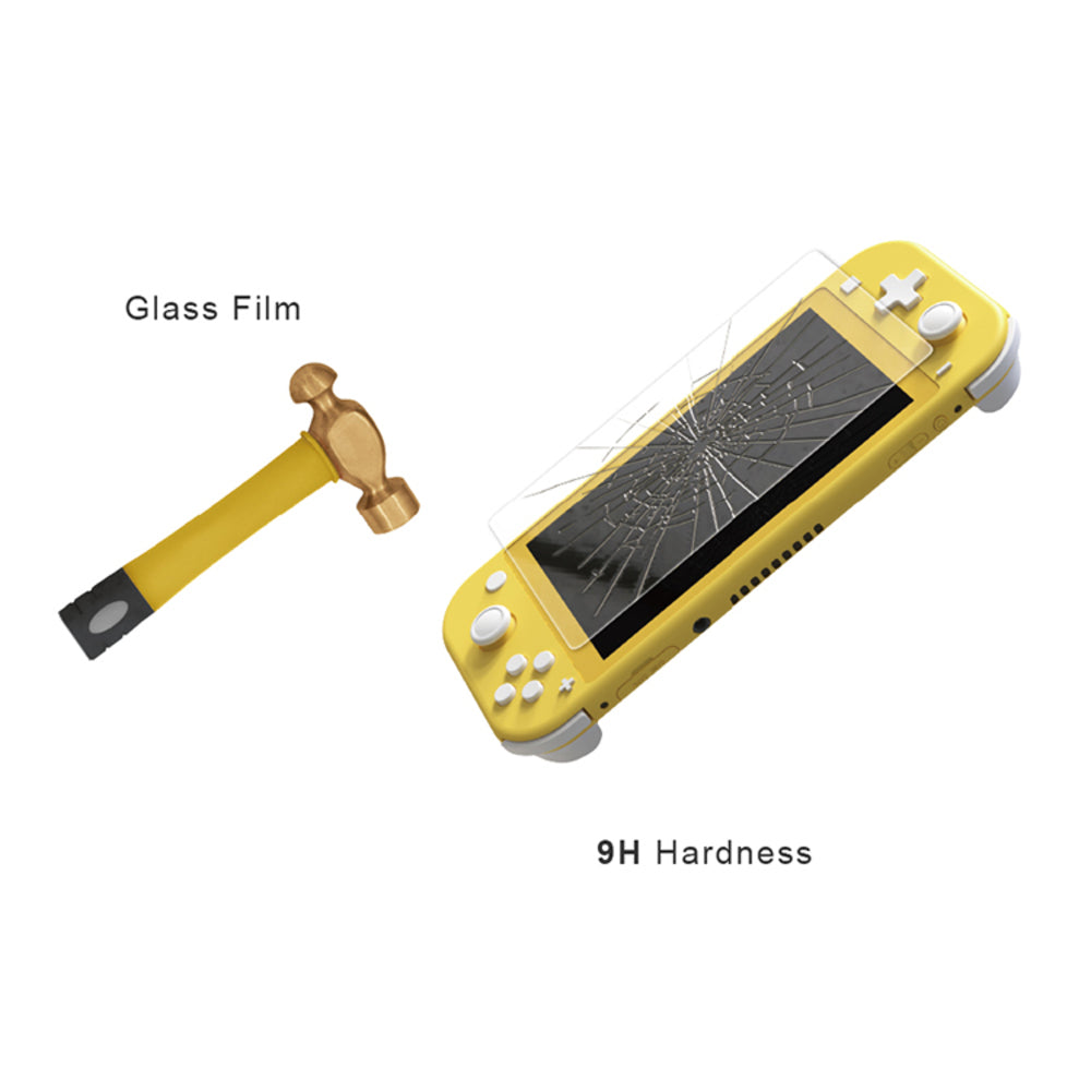 Yellow handheld device with a cracked screen, hammer, and glass film on a white background