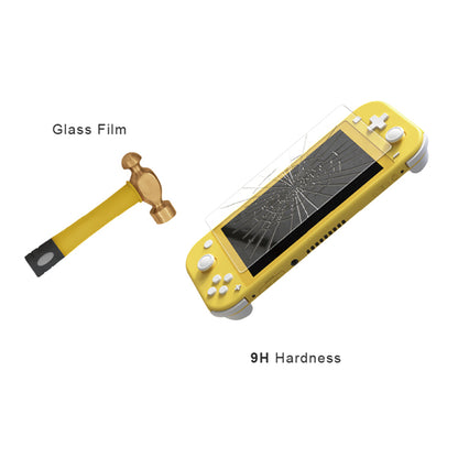 Yellow handheld device with a cracked screen, hammer, and glass film on a white background