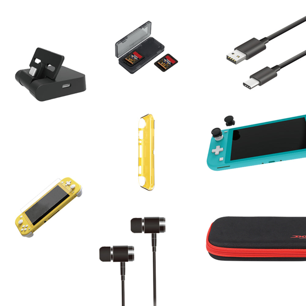 Collection of electronic accessories including a gaming console, earbuds, and chargers on a white background.
