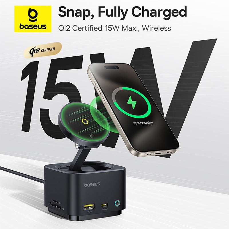 Baseus wireless charging station with smartphone on a white background